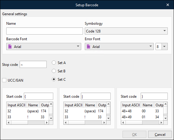 The Setup Barcode window with Code 128 symbology selected.